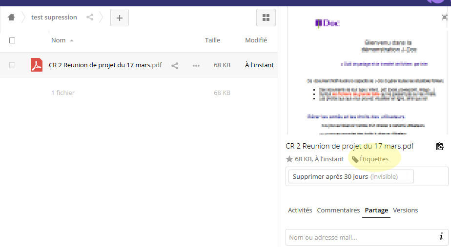 etiquette supression fichier